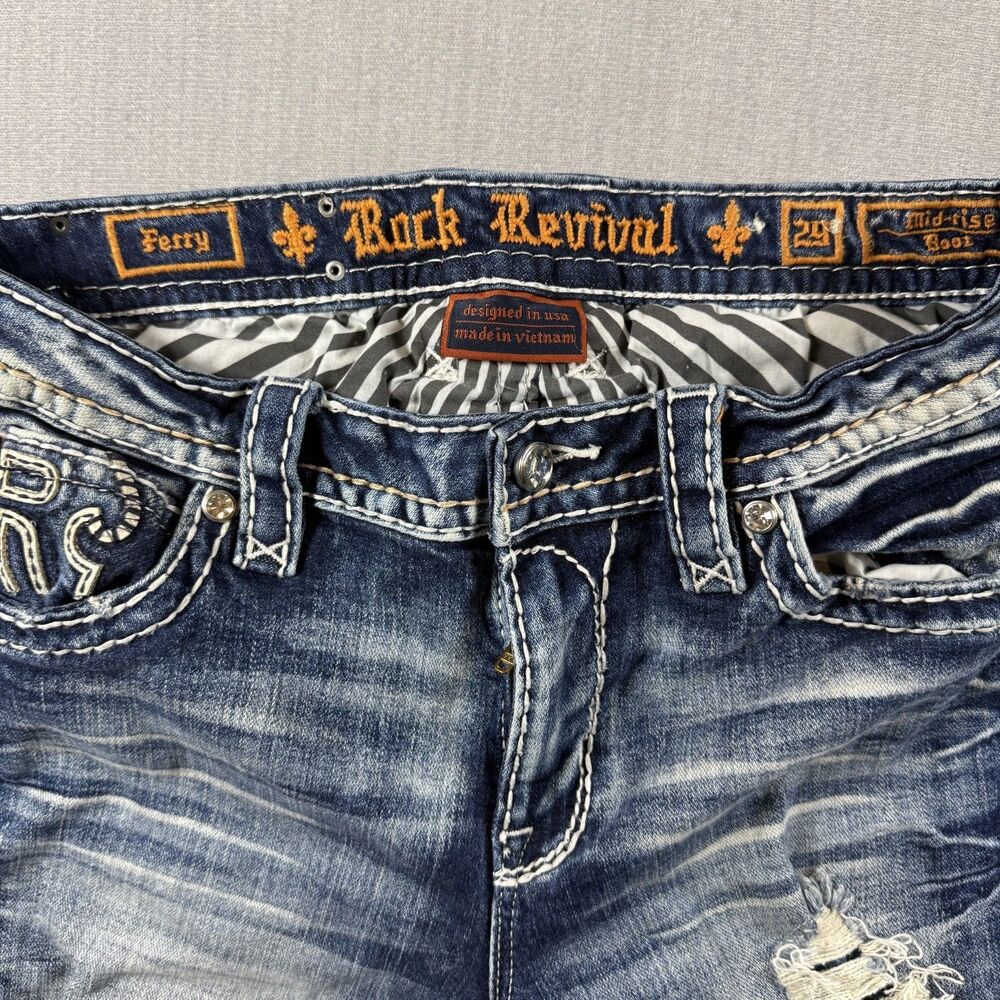 Rock Revival Jeans Womens 29 Ferry Distressed Embellished Mid Rise Boot Whisker - Picture 5 of 13
